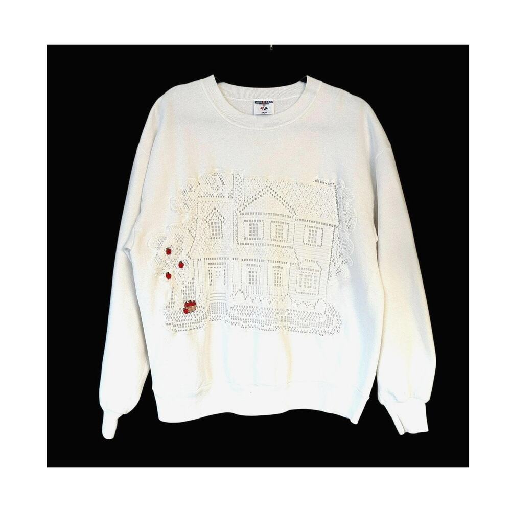 Grandmacore Upcycled Sweatshirt Size L See-through Lace Applique Panel OOAK Top